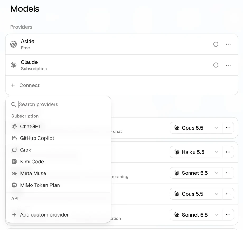 Aside 설정의 Models 화면. Connect 목록의 Subscription 아래 ChatGPT가 보인다