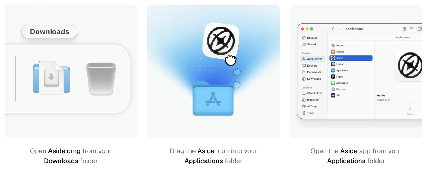 Aside 다운로드 페이지의 macOS 설치 3단계. Aside.dmg 열기, Applications 폴더로 끌기, 실행