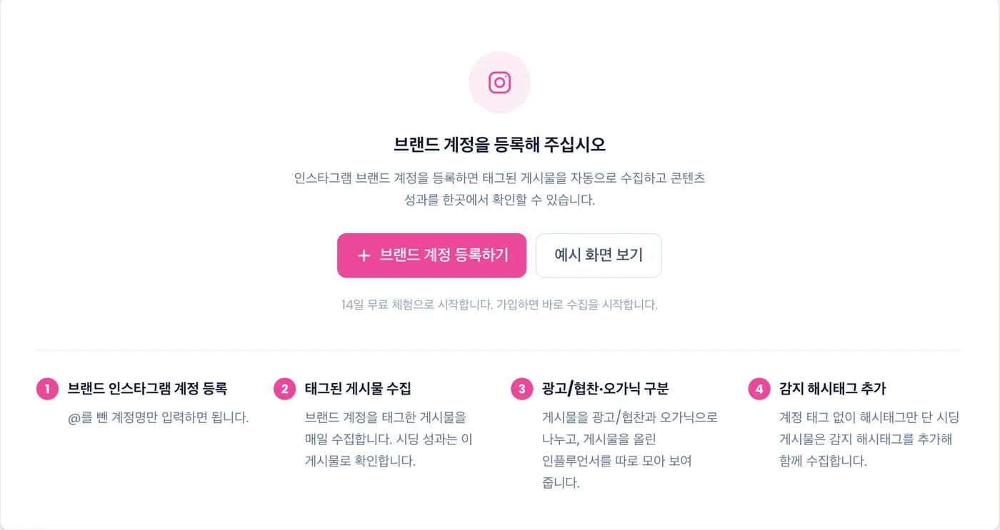 브랜드 모니터링 첫 화면. 브랜드 계정 등록하기 버튼과 수집 4단계 안내