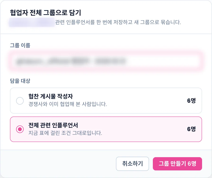 협업자 전체 그룹으로 담기 창. 그룹 이름, 담을 대상 두 가지, 그룹 만들기 버튼