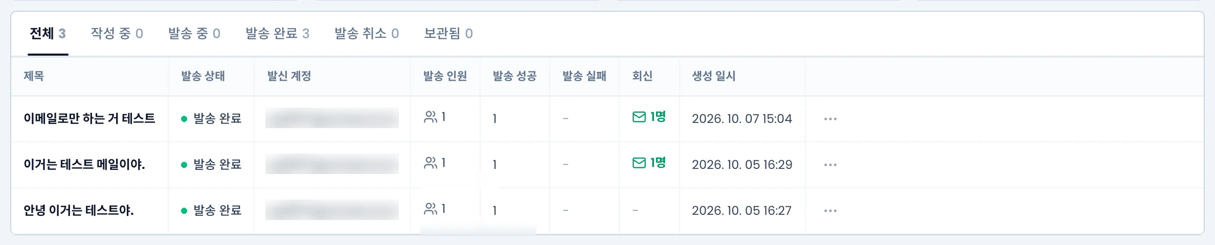 발송 리스트 표. 제목, 발송 상태, 발신 계정, 발송 인원, 발송 성공, 발송 실패, 회신, 생성 일시