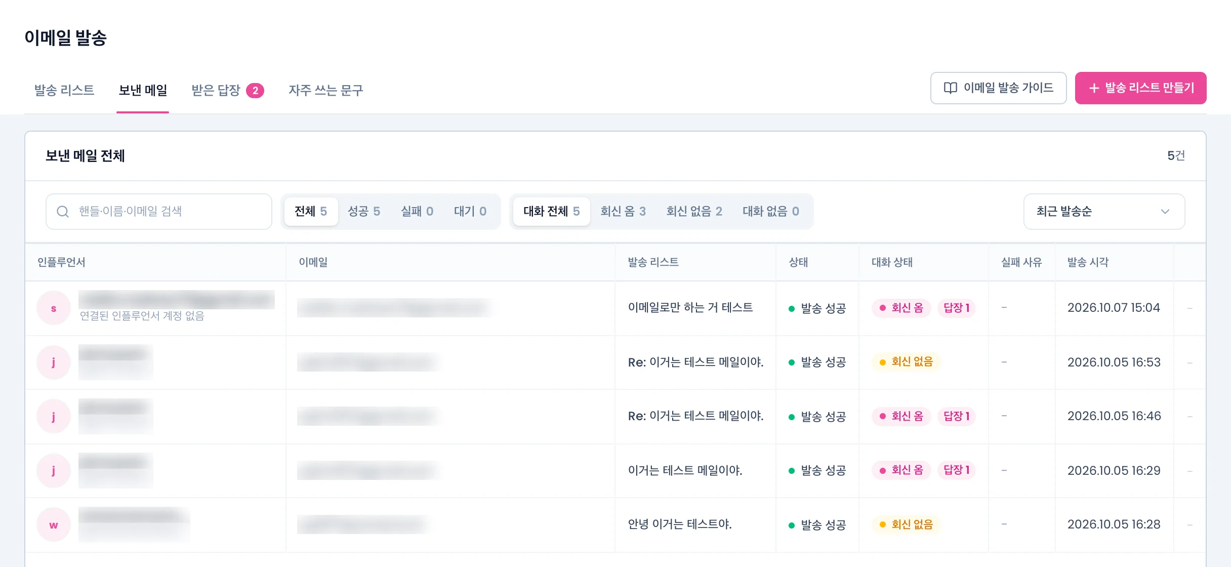 보낸 메일 탭. 검색 칸, 발송 상태와 대화 상태 필터, 인플루언서·이메일·발송 리스트·상태·대화 상태·발송 시각 열