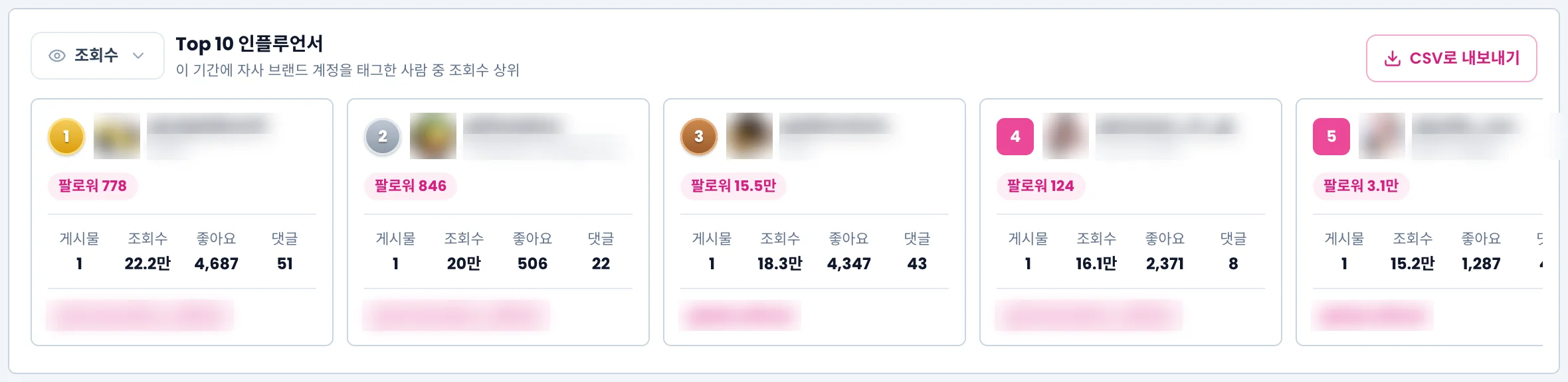 Top 10 인플루언서 카드와 지표 선택, CSV로 내보내기 버튼