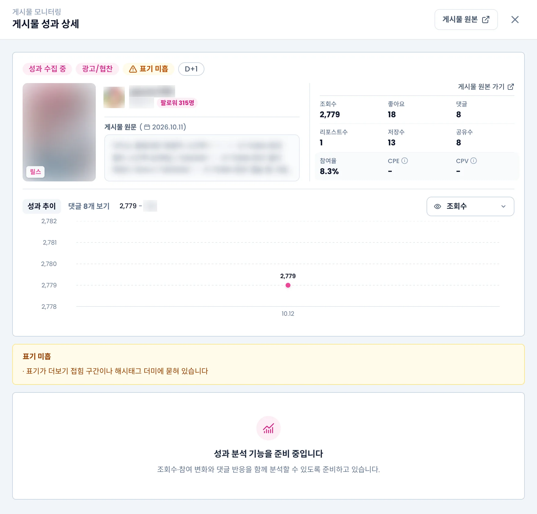 게시물 성과 상세. 표기 미흡 칩과 노란 사유 상자