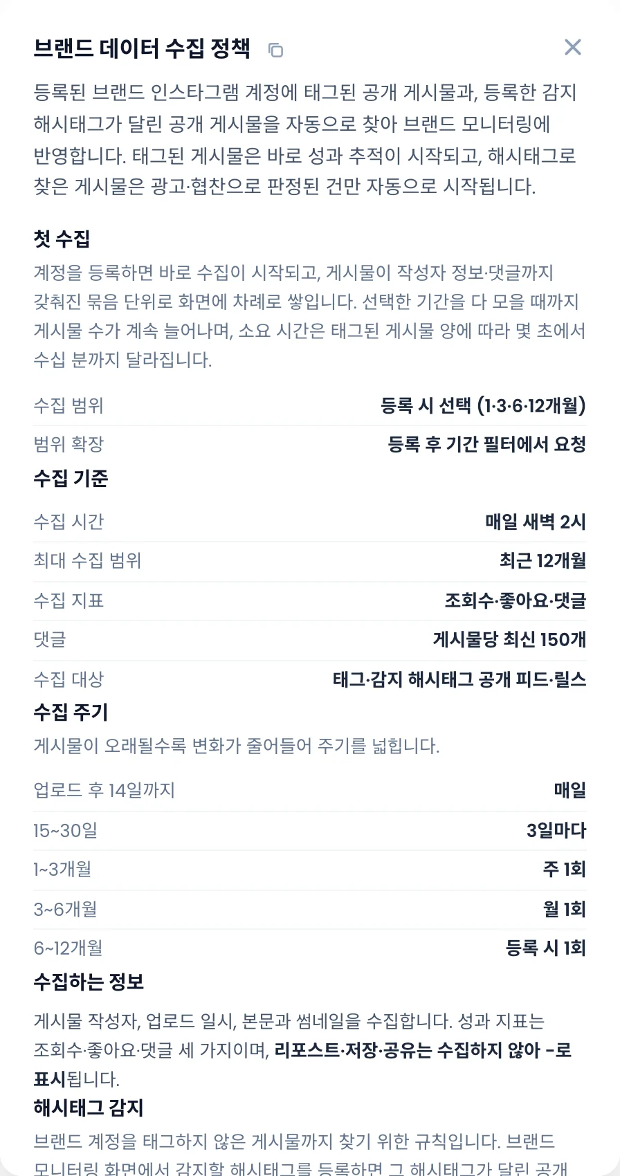 브랜드 데이터 수집 정책 창. 첫 수집, 수집 기준, 수집 주기 표