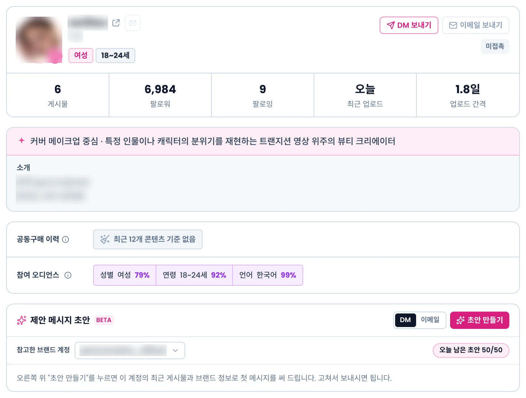인플루언서 상세 패널 위쪽. 프로필 오른쪽의 DM 보내기·이메일 보내기 버튼과 아래 제안 메시지 초안 카드