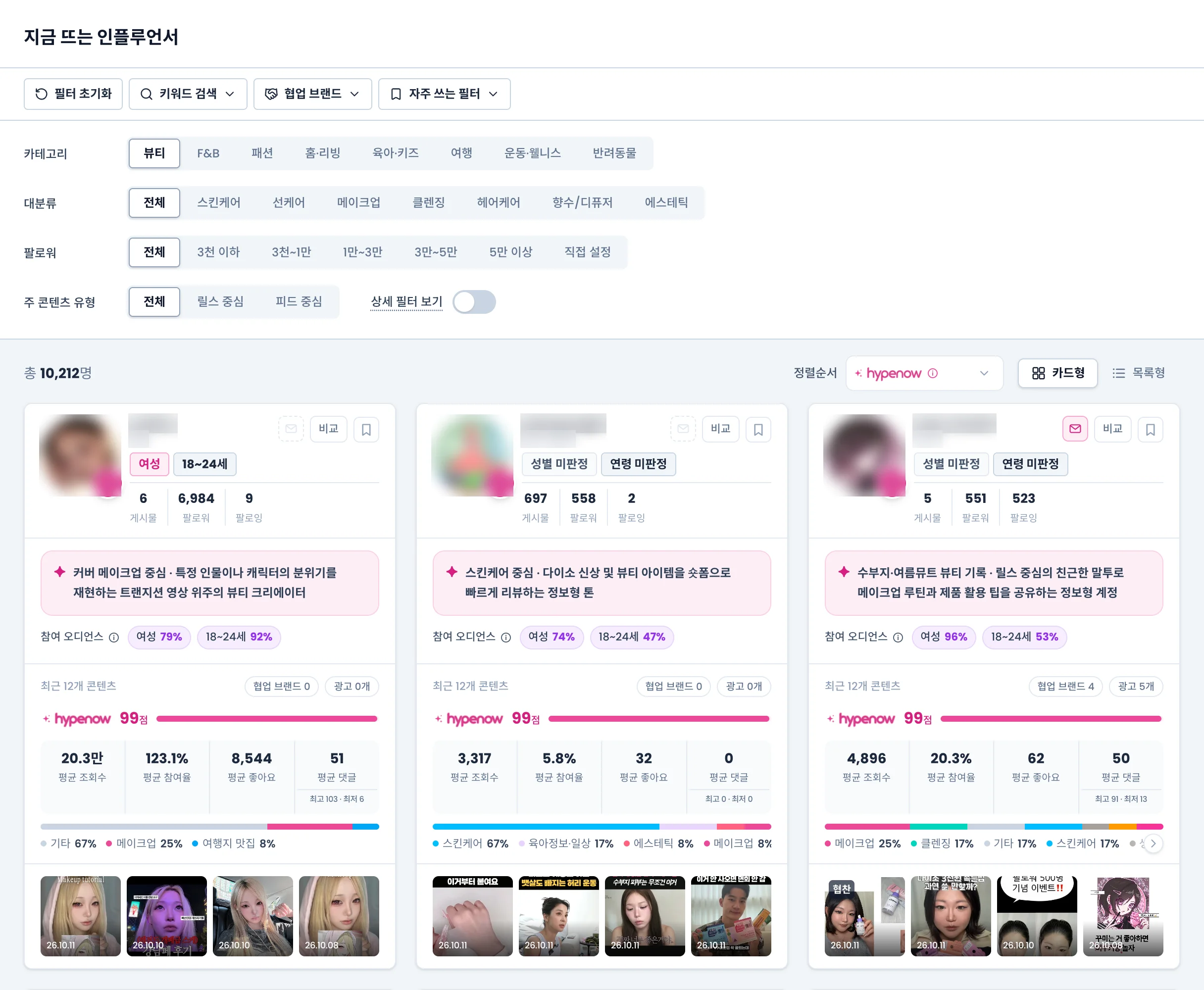 지금 뜨는 인플루언서 화면. 위에 도구 줄과 필터 카드, 아래에 인플루언서 카드가 격자로 늘어서 있다
