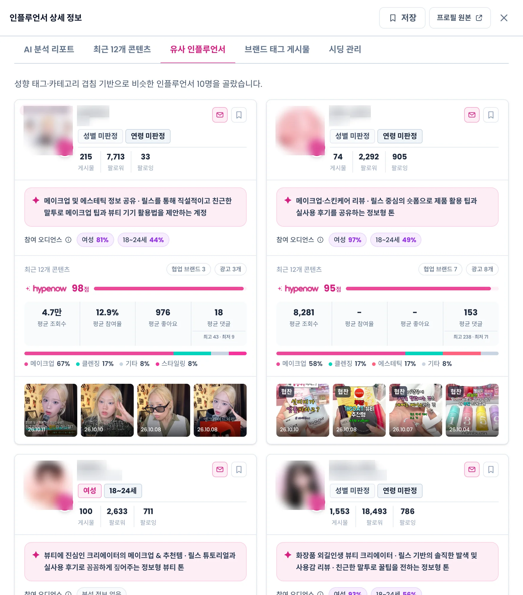 유사 인플루언서 탭. 성향 태그·카테고리 겹침으로 고른 인플루언서 카드