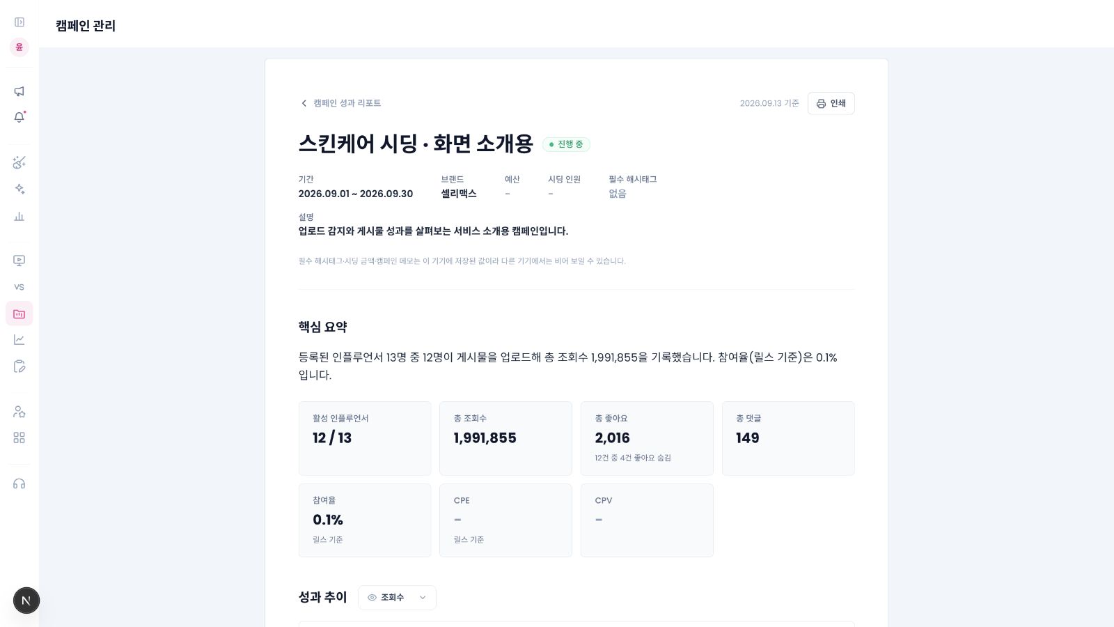 캠페인 성과 리포트의 기간, 예산, 핵심 요약과 주요 지표